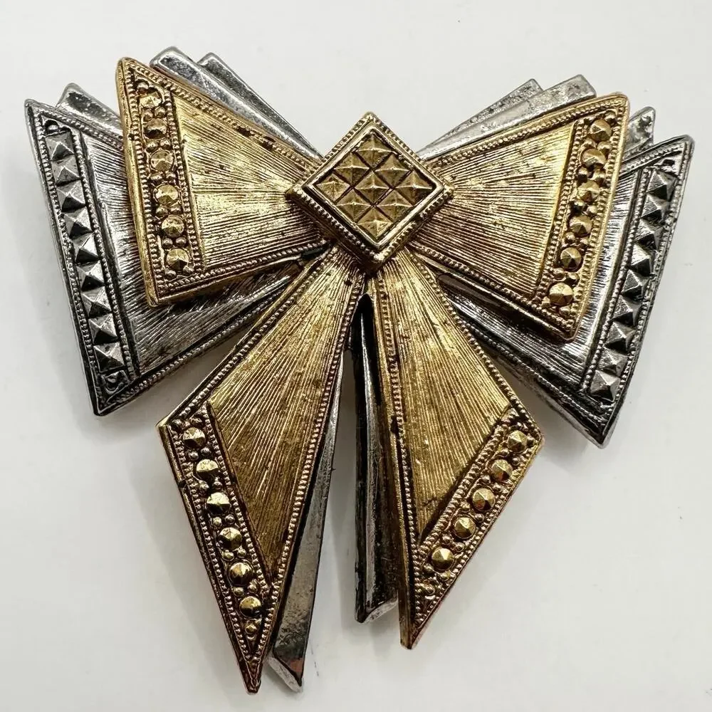 Avon Vintage Bow Pin 1995 Stylepoints Silver Goldtone Art Deco Holiday Brooch
